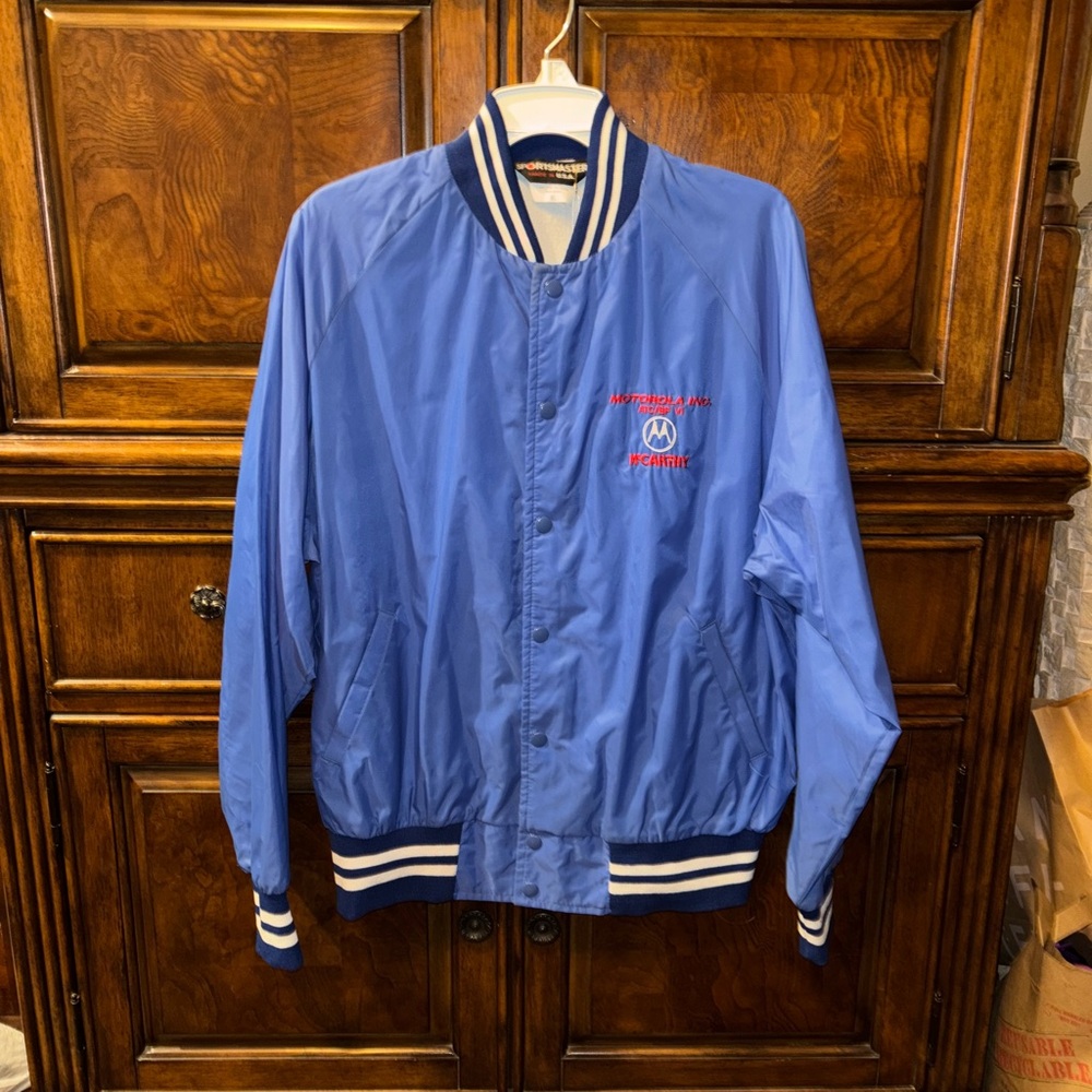 Vintage Sportsmaster Motorola Blue Jacket with Striped Accents Size XL